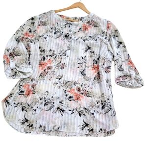 Sara Michelle Floral Print Women's Blouse Size 2X White and Peachy Pink Sheer